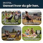 Collage med campingstolen til fodboldkamp, udendørskoncert, ved lejrbål på campingpladsen og på familiepicnic i græsset