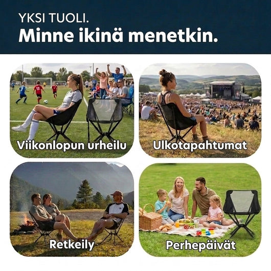 Kollaasi retkituolista jalkapallo-ottelussa, ulkoilmakonsertissa, nuotiolla leirintäalueella ja perheen piknikillä nurmikolla