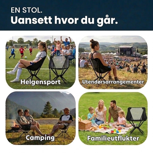 Collage med campingstolen på fotballkamp, utendørskonsert, ved bålet på campingplassen og på familiepiknik i gresset