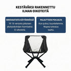 Retkituoli edestä, musta runko ja harmaa verkko, yläpuolella tekstiruudut 16 kehitysversiosta ja asiakaspalautteesta