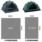 Størrelsessammenligning af pop-up-telte: 4 personer med gulv 200 x 200 cm (4 m²) og 2 personer med 150 x 210 cm (3,15 m²)