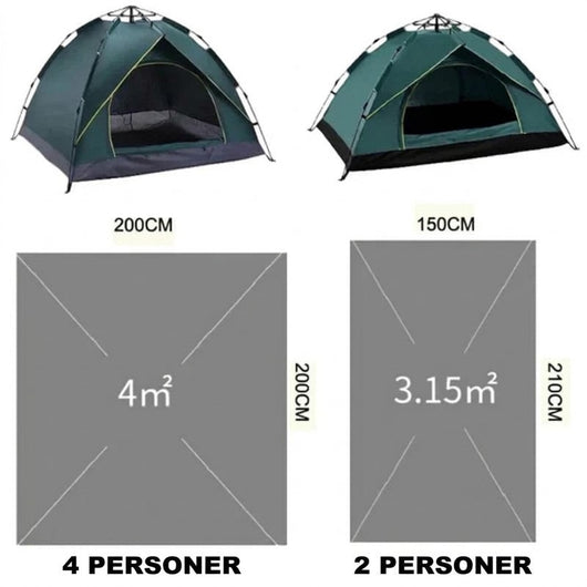 Størrelsessammenligning af pop-up-telte: 4 personer med gulv 200 x 200 cm (4 m²) og 2 personer med 150 x 210 cm (3,15 m²)