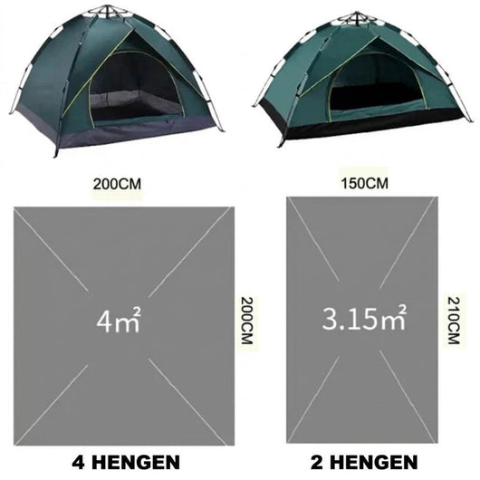 Pop-up-teltan kokovertailu: 4 hengen teltan lattia 200 x 200 cm (4 m²) ja 2 hengen 150 x 210 cm (3,15 m²)