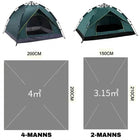 Størrelsessammenligning av pop-up-telt: 4-manns med gulv 200 x 200 cm (4 m²) og 2-manns med 150 x 210 cm (3,15 m²)