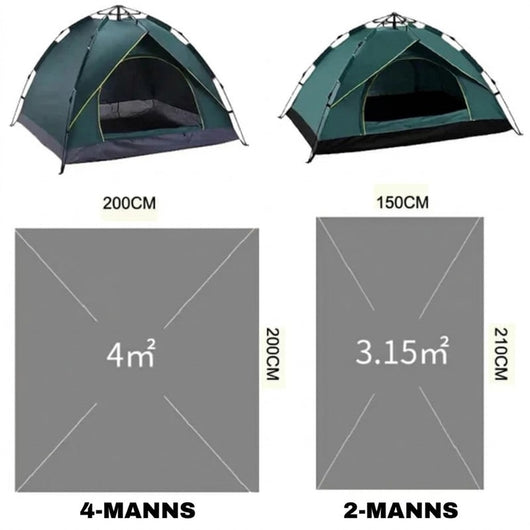 Størrelsessammenligning av pop-up-telt: 4-manns med gulv 200 x 200 cm (4 m²) og 2-manns med 150 x 210 cm (3,15 m²)