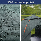 Vesipisaroita vihreällä telttakankaalla ja pop-up-teltta sateessa, kuvan yläreunassa otsikko 3000 mm vedenpitävä
