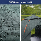 Vanndråper på grønn teltduk og et pop-up-telt i regn, med overskriften 3000 mm vanntett øverst i bildet