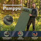 Mies metsässä pitelee vihreää Ilmapatja PRO V2:ta, lähikuvat jalkapumpun polkemisesta ja venttiilin säätämisestä