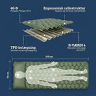 Infografik over grøn luftmadras med rombeformede celler: 40D-polyester, TPU-belægning, R-værdi 4 og 195 x 70 cm