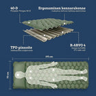 Infografiikka vihreästä ilmapatjasta, jossa on vinoneliön muotoiset kennot: 40D-polyesteri, TPU-pinnoite, R-arvo 4 ja 195 x 70 cm