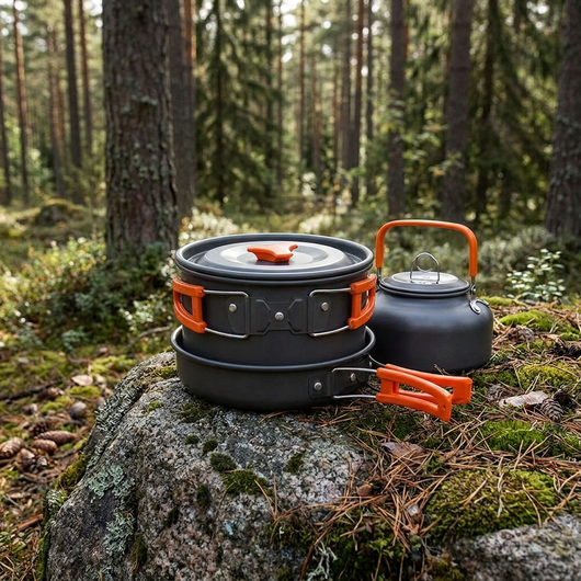 Gryde med låg og stegepande pakket sammen på en mosbegroet sten i nåleskoven, vandkogeren ved siden af