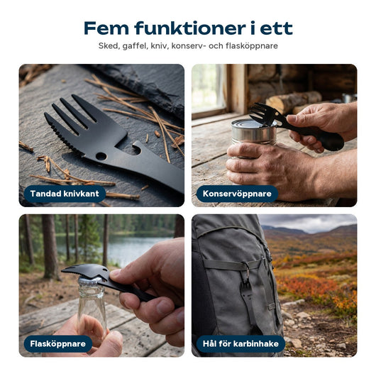 Multitandede knivkant, dåseåbner, flaskeåbner og karabinhagslul