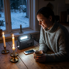 Kvinne lytter til beredskapradio ved kjøkkenbordet under strømbrudd, med stearinlys og mobilen på lading