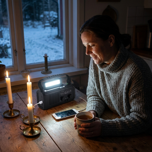Kvinne lytter til beredskapradio ved kjøkkenbordet under strømbrudd, med stearinlys og mobilen på lading