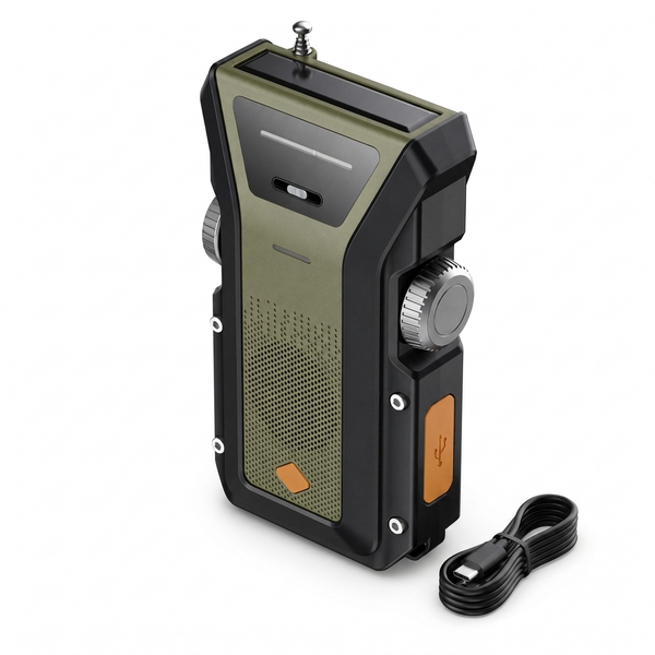 Kompakt olivengrøn og sort håndkurbelradio med SOS-knap, sidehjul og orange USB-dæksel ved siden af USB-C-kabel