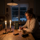 Kvinde skriver noter ved køkkenbordet med håndkrank-radio og stearinlys under en strømafbrydelse
