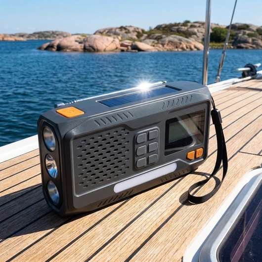 DAB+ -radio aurinkoisella veneen kannella saaristossa, aurinkopaneeli ylöspäin auringon suuntaan