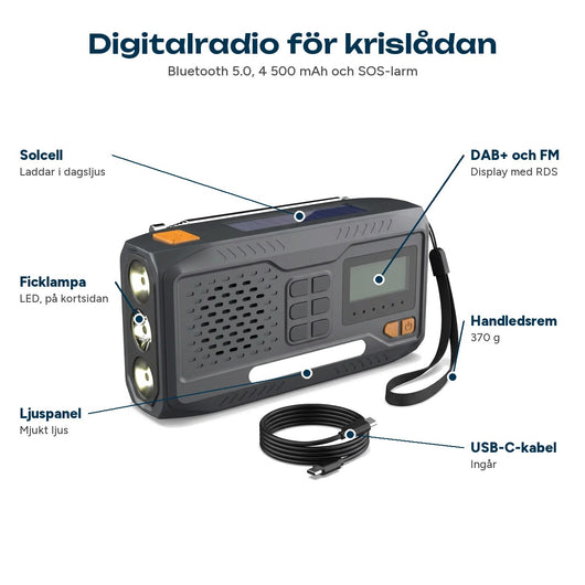 DAB+ nödradio med ficklampa, solcell, display, ljuspanel, handledsrem och USB-C-kabel utmärkta