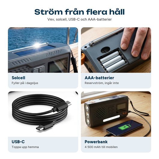 DAB+ nödradion får ström från solcell, AAA-batterier och USB-C och laddar mobilen