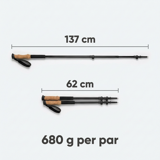 Vandrestav udtrukket til 137 cm og sammenfoldet til 62 cm, 680 g pr. par